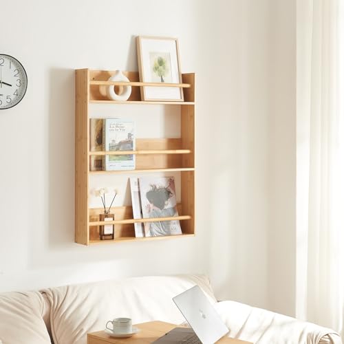[en.casa] Étagère Murale à 3 Niveaux Meuble de Rangement Suspendu avec 3 Tablettes Équipées de Barres Centrales pour Cuisine Salon Chambre Bambou 80 x 60...