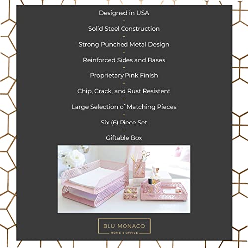 Blu Monaco Office Supplies Pink Desk Accessories For Women-6 Piece Interlocking Desk Organizer Set- Pen Cup, 3 Assorted Accessory Trays, 2 Letter Trays-Pink Room Decor For Women And Teen Girls #TOP2