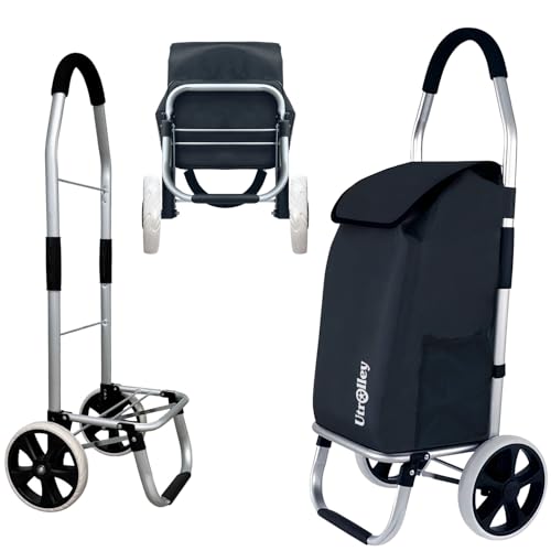 UTROLLEY Ultra-Lightweight Foldable Grocery Cart with 40L Capacity, Soft Rolling Wheels, Removable Insulated Bag – Multi-Purpose Personal Hand Truck (Black)