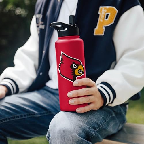 Image of Logo Brands NCAA Louisville Cardinals 34 oz Stainless Steel Quencher Bottle - Team Color, Straw Included, No-Spill Lid, Easy Carry Handle - Keeps Drinks Cold For Hours