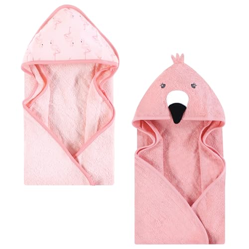 Image of Hudson Baby Unisex Baby Cotton Poly Animal Face Hooded Towel, Pink Flamingo, One Size