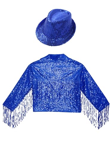 Kids Girls Latin Dance Blazer Outfits Long Sleeve Glitter Sparkle Sequins Tassle Cardigan Jacket with Hat4