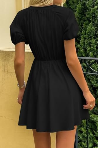 Image of Women's Cute Summer Short Puff Sleeve Tie Cotton Mini Dress