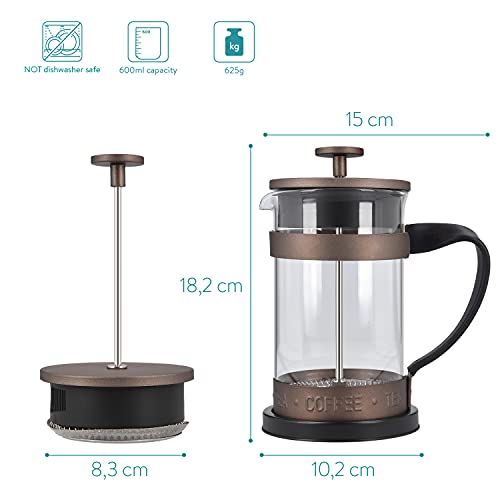 Foto von Navaris French Press Kaffeebereiter mit Edelstahl Filter - 600 ml Stempelkanne - 15x10,2x18,2cm - 0,6 l Kaffeezubereiter Presskanne - auch für Tee