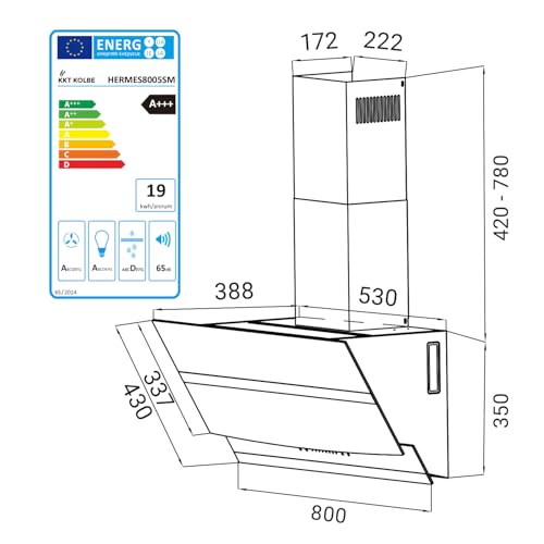 KKT KOLBE Dunstabzugshaube Wandhaube HERMES8005SM, 80 cm kopffrei | 782 cbm/h, Edelstahl und schwarzes Glas, SensorTouch-Bedienung, RGBW-LED-Beleuchtung, WLAN, Energieeffizienzklasse A+++ – Bild 4
