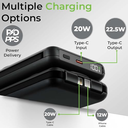 Image of UltraProlink 10000mAh 3 in 1 Wireless Magnetic Mag-Safe Power Bank| Mag-Safe Charging for iPhone Series 16,15,14,13 | UM1126 | Dual Cables Type C & iPhone | 22.5W Type C Port with PD-PPS Support