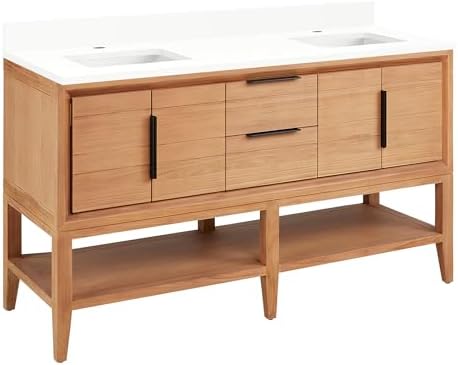 Signature Hardware 955226-60-rumb-1 Aliso 60" Console Teak Double Basin Vanity Set with Cabinet, Vanity Top, and Rectangular Undermount Sinks - Single Faucet Holes - Natural Teak/Arctic White
