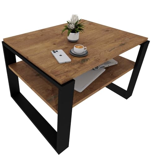 CraftPAK Wohnzimmer Tisch für Couch aus hochwertigem Holzwerkstoff, Stabiler & moderner Couchtisch mit zusätzlicher Ablagefläche, Model Kaja 63, Farbe Retro-Schwarz