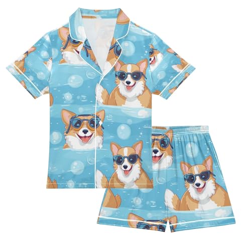 Swimming Dog Cute Satin Summer Pajama Sets Silk Short Sleeve Button Down Sleepwear