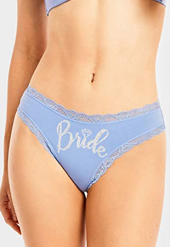 Rhinestonesash Bride Panty For Wedding - Silver Glitter Arched Diamond Bride Lace Edged Thong Panty - Lingerie Gifts For Honeymoon - X-Large - Bridal Blue Thong #TOP1