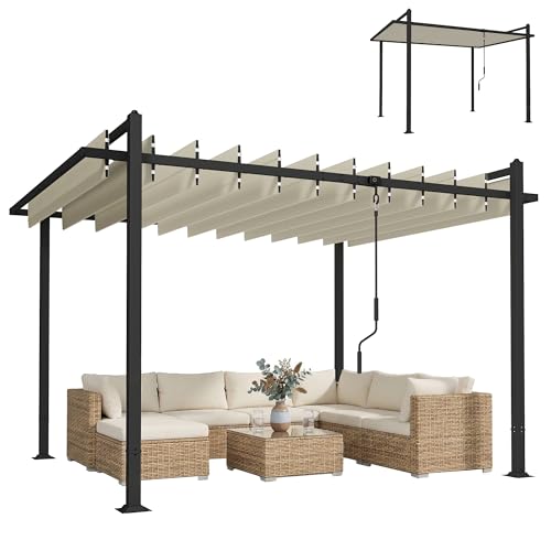 Outsunny Pérgola de Jardín 3x3,8 m, Cenador de Jardín con Techo de Lamas Ajustable a 90°, Manivela, Estructura de Aluminio y Acero, Protección UPF50+, Pabellón para Exterior, Patio, Terraza, Beige