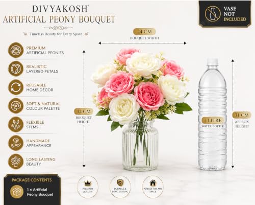 Image of Divyakosh Artificial Flower for Vase's (10 Peony Flowers), Artificial Flowers Bunch (Vase Not Included), Luxury Floral Centerpiece for Living Room Dining Table Office Decor