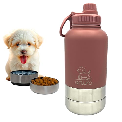 Todo en uno - Termo auténtico Acero - con Plato para Comida y Plato Bebida - Comparte el Agua Fresca - Botella paseo Perros - Bebedero Perro antigoteo portátil - Termo para Agua y Comida. Granate
