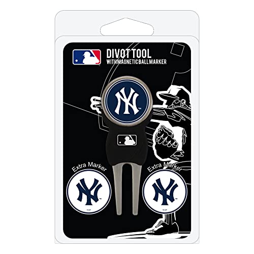 Team Golf MLB New York Yankees Divot Tool Pack With 3 Golf Ball Markers Divot Tool with 3 Golf Ball Markers Pack, Markers are Removable Magnetic Double-Sided Enamel