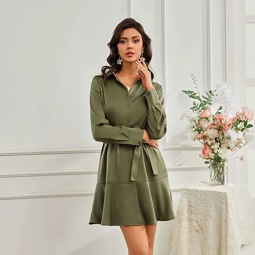 Image of Women's Long Sleeve Button Up Midi Belt Shift Collar Dress with Pockets for Work Office Business