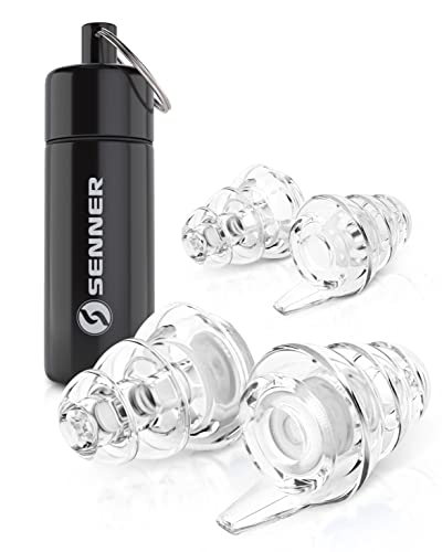 SENNER MusicPro - Reusable Hearing Protection Earplugs for Concert, Festival, Music and Club with Aluminium Container, Especially Light Ear Protectors to wear (tall black box transparent filter)