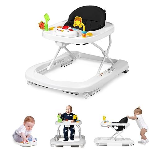 Image of TODEFULL Foldable Baby Walker, 3 in 1 Baby Activity Center for Boys Girls, Toddler Walker w/Adjustable Height Speed, Learning-Seated & Walk-Behind, Infant Walker for 6-12 Months, Music Toys, Black