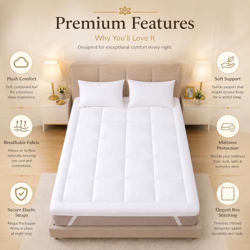 Image of Divine Casa Premium Microfiber Double Bed Mattress Topper (72 x 72 Inch) | 2 Inch Thick Mattress Pad | 500 GSM Super Soft Hollow Fiber Filling | Breathable | 4 Corner Elastic Bands | White