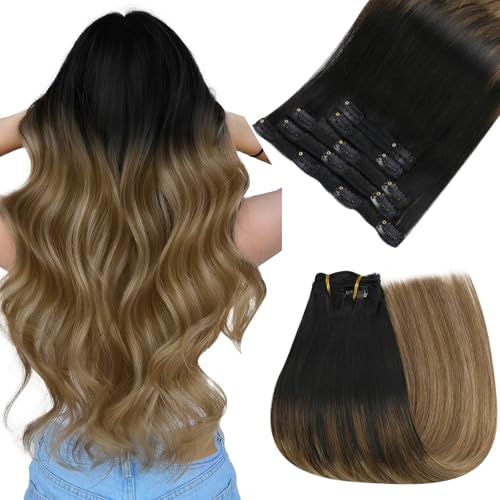 Image of Easyouth 20 Inch Clip in Extensions Human Hair Balayage Brown Ombre Black Fading to with Caramel Blonde Real Silky Straight 70g /5pcs, 2.4692 Ounce