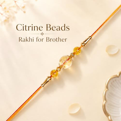 Image of Shubhanjali Crystal Beads Rakhi for Brother | Handmade Healing Crystal Stone Designer Rakhi for Bhaiya | Raksha Bandhan Gift Set with Roli Chawal, Kumkum, Greeting Card & Potli