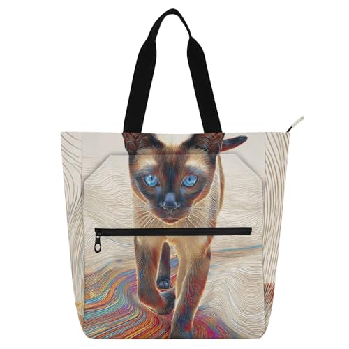 Bolsa de comestibles para la escuela y compras con diseño de gato siamés 3D