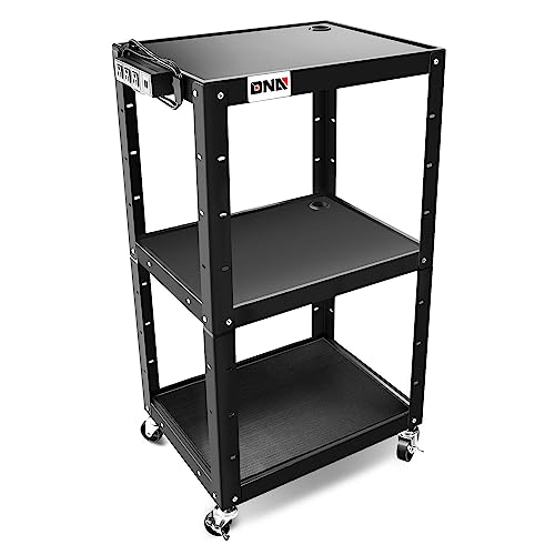 DNA Motoring 3-Layer Utility Steel AV Cart with Wheels Power Strip, 25" x 18" x 24"-42" Height Adjustable Rolling Projector Cart,TOOLS-00136