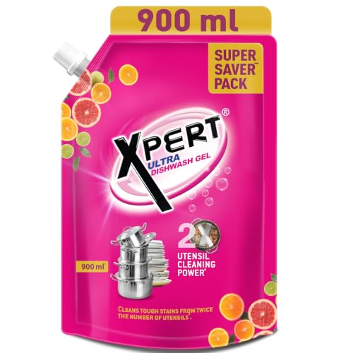 Image of Xpert Dishwash Liquid Gel 900 ml | 2X Cleaning Power | Tough on Grease | Residue Free | Gentle on Hands | Orange Fragrance | Refill Dishwash Soap Pouch For All Utensils