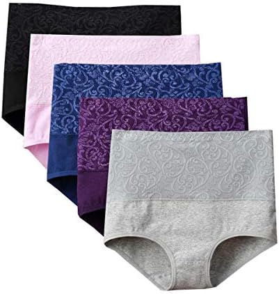 LashapearWomens High Waist Underwear Solid Color Tummy Control Cotton Brief Panties 3/5 Pack
