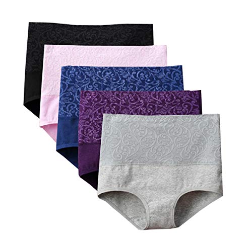 Lashapear Womens High Waist Underwear Solid Color Tummy Control Cotton Brief Panties 5 Pack, Color4, XX-Large