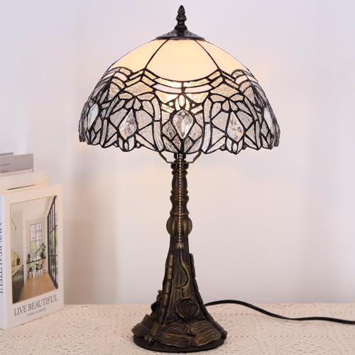Image of 12 Inch Tiffany Stained Glass Lamp Shade Replacement Only (White) | Stained Glass Style Lampshade with Cap fit for Table lamp Pendant Light Ceiling Fixture
