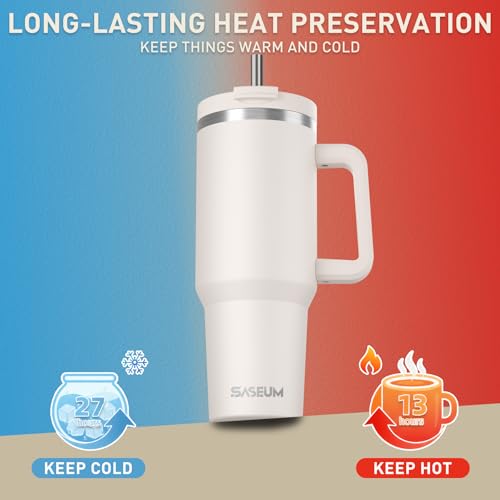 Image of SASEUM 40 oz Tumbler with Handle and Lid, Double Wall Stainless Steel Insulated Water Bottle with 2 Reusable Metal Straws, Leak-Proof BPA-Free Cup for Coffee, Iced Drinks and Travel - White