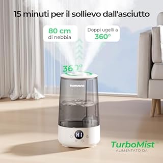 Umidificatore Ambiente Bambini Homvana 3.6L, 360°Cool Mist 16dB Silenzioso for Baby, Piante Dura da 34H, Auto Sleep Modo, con Luce e Aromaterapia Top-Fill, Facile da Pulire, Oli Essenziali (Grigio)