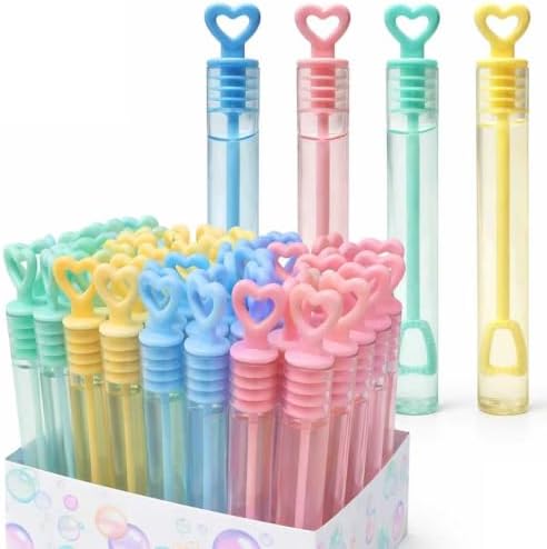 GIFTEXPRESS Valentine's Day Heart Shape Mini Bubble Wands for Kids - 32 Pack 4.25" Tall Assorted Pastel Color Heart Bubble Sticks - 5 mL Tube Non Toxic Bubbles Solution for Party Goodies Favors