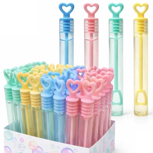 GIFTEXPRESS Valentine's Day Heart Shape Mini Bubble Wands for Kids - 32 Pack 4.25" Tall Assorted Pastel Color Heart Bubble Sticks - 5 mL Tube Non Toxic Bubbles Solution for Party Goodies Favors