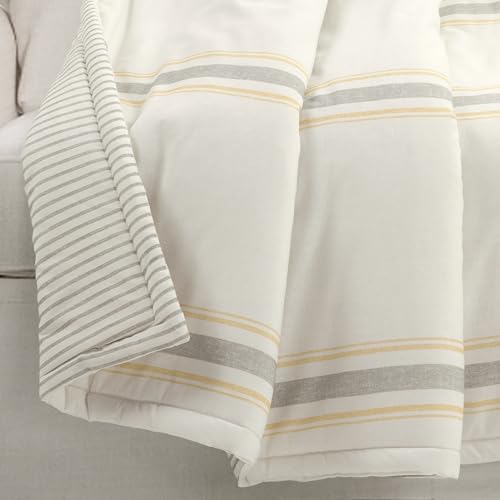 Image of Lush Decor Farmhouse Stripe Reversible Throw, Single, 50 inch W x 60 inch L, Yellow - Throw Blanket For Bed - Soft Blanket - Couch Throw - Rustic Farmhouse Decor