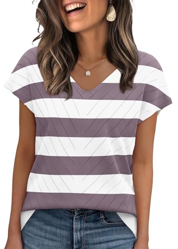 Image of WIHOLL Short Sleeve Sweater for Women V Neck Trendy Summer Tops 2026 Beach Vacation Clothes Travel Business Casual Outfits