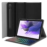 Backlit Keyboard Case for Samsung-Galaxy-Tab S7 FE 12.4 2021 - JUQITECH Case with Rainbow Backlit Wireless Keyboard for S7 FE SM-T730/T733/T736/T738 12.4 S7+ SM-T970/T975/T976/T978 Tablet Cover, Black