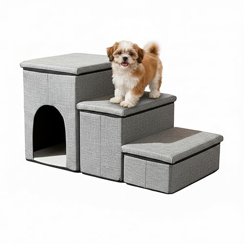 Relaxdays Scala per Cani 3 gradini, Pieghevole, con Cuccia e vano, 43x75x33 cm, Grigio Chiaro