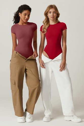 Image of QINSEN Women's Crew Neck Short Sleeve Bodysuit Double Lined Body Suits Basic T-shirt Tops