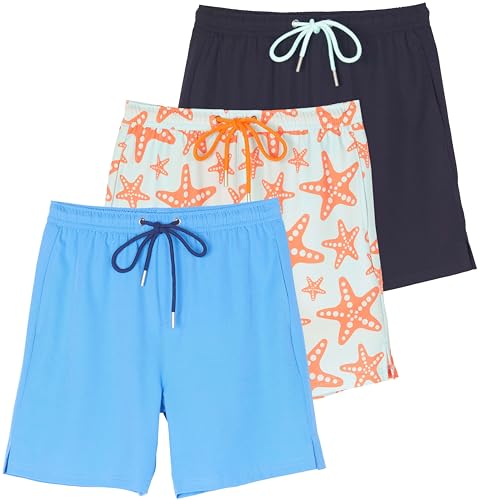 Real Essentials 3 Pack: Boys' 2 in 1 Swim Trunks with Compression Boxer Liner Stretch Beach Board Shorts Quick Dry (Age 4-18)