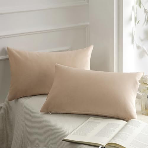 Image of Phantoscope Pack of 2 Velvet Decorative Throw Decorative Pillow Cover Soft Solid Square Cushion Case for Couch Beige 12 x 20 inches 30 x 50 cm