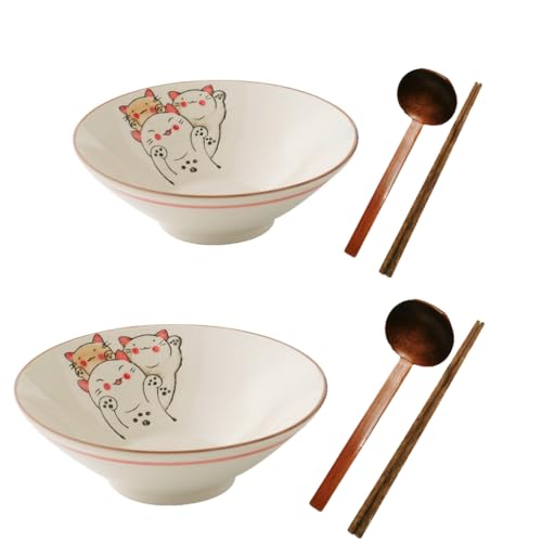 Bowltiful Ceramic Japanese Ramen Bowl Noodles Bowls for Soup Pho Udon Soba Salad Snack Cereal Dishes with Spoons Chopsticks 900ml Gift Set (Fortune Cat)