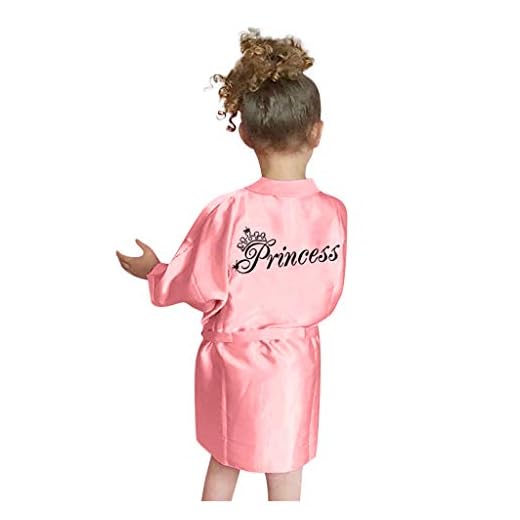 waitFOR Baby Girls Bathrobe Kids Party Robes Dressing Gown Childrens Sleepwear Silk Satin Kimono Robes Letter Print Short Sleeve Clothes Pink Pajamas for Toddler Baby Girl 12Months-5Years