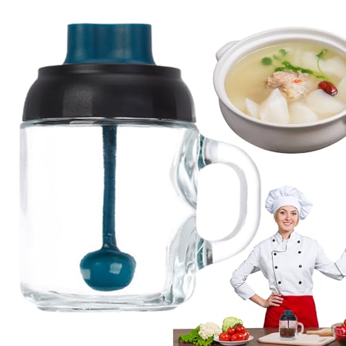 Recipiente de sal, tarro de sal transparente con tapa, dispensador de cuchara integrado, almacenamiento transparente compacto, elegante accesorio de cocina, para cocinar, comedor, mesa, uso doméstico