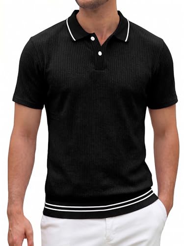 Crastimo Men's Textured Polo Shirt Vertical Rib Short Sleeve Contrast Trim Collar Hem 2-Button Classic Fit Casual Golf Black XL