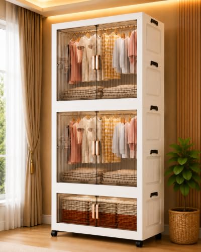 Image of Plastic Wardrobe for Cloths | 3 Layer Stackable Almirah with Hanging Rod, Transparent Doors, Wheels | Foldable Storage Cabinet Organizer for Clothes /Books /Toys