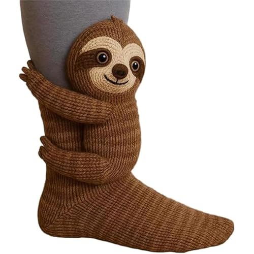 Cute Sloth Socks, Cozy Knitted 3D Animal Design Winter Socks, Brown, Novelty Character Crew Socks for Holiday, Christmas Gift