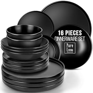 Matte Black Dinnerware Set – Ultra Chic Black Stoneware Dinnerware Sets for 4-16 pcs. Matte Black Plate Set – Dishwasher and Microwave Safe – Black Plates Ceramic and Bowls – Black Dishware