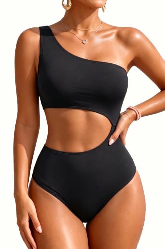Yonique Women's One Piece Swimsuit- One Shoulder Bathing Suit Cutout Tummy Control Swimwear Black M