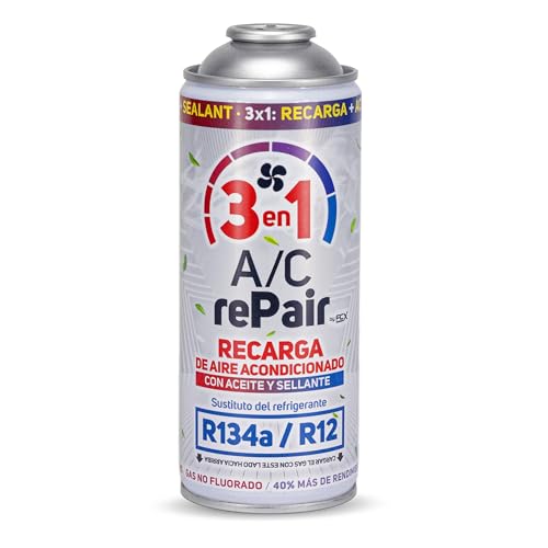 AC REPAIR 3 en 1 Recarga Aire Acondicionado Coche con Aceite y Sellante Detector Tapa Fugas 220g, Sustituto Gas Refrigerante R134a R12, Fácil de Usar, Recambio Sellador Compatible Coches 1992 2016